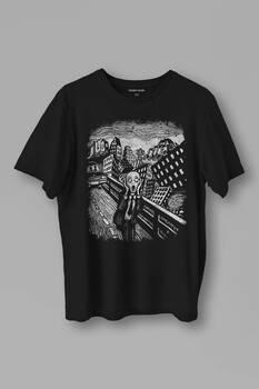 Unisex T-shirt Scream Edward Munch Tablo Korku Ressam Siyah Baskılı Tişört