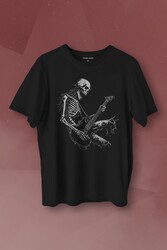 Unisex T-shirt Skeleton Playing Guitar Heavy Metal Skull İskelet Gitar Rock Siyah Baskılı Tişört - Thumbnail