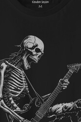 Unisex T-shirt Skeleton Playing Guitar Heavy Metal Skull İskelet Gitar Rock Siyah Baskılı Tişört - Thumbnail