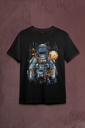 Uzay Gemisinde Yolculuk Eden Astronot Cosmos Göktaşı Baskılı Tişört Unisex T-shirt - Thumbnail