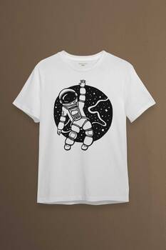 Uzayda El Sallayan Astronot Cosmos Baskılı Tişört Unisex T-shirt