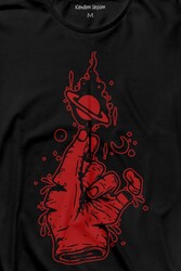 Uzayda El Satürn Halkaları Çizimli Lolipop Hellfire Ateş Uzun Kollu Tişört Baskılı T-Shirt - Thumbnail