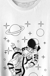 Uzayda Salınan Astronot Silüeti Satürn Gezegeni Baskılı Tişört Unisex T-shirt - Thumbnail