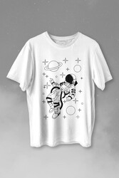 Uzayda Salınan Astronot Silüeti Satürn Gezegeni Baskılı Tişört Unisex T-shirt - Thumbnail