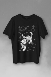 Uzayda SAlinan Astronot Silüeti Satürn Gezegeni Baskılı Tişört Unisex T-Shirt - Thumbnail