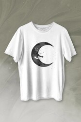 Uzayda Sarılan Ay Aşık Smile Cosmos Gülümsemesi Baskılı Tişört Unisex T-shirt - Thumbnail