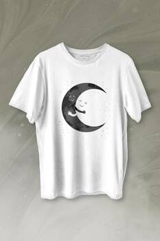 Uzayda Sarılan Ay Aşık Smile Cosmos Gülümsemesi Baskılı Tişört Unisex T-shirt