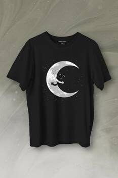 Uzayda Sarılan Ay Aşık Smile Cosmos Gülümsemesi Baskılı Tişört Unisex T-Shirt