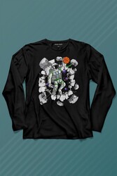 Uzayda Satürn Gezegeni Yanında Basketbol Oynayan Astronot Uzun Kollu Tişört Baskılı T-Shirt - Thumbnail