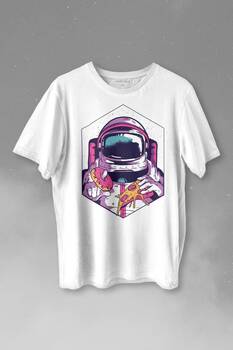 Uzayda Yemek Donut Pizza Yiyen Astronot Cosmos Baskılı Tişört Unisex T-shirt