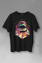 Uzayda Yemek Donut Pizza Yiyen Astronot Cosmos Baskılı Tişört Unisex T-Shirt - Thumbnail