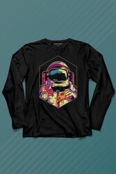 Uzayda Yemek Donut Pizza Yiyen Astronot Cosmos Uzun Kollu Tişört Baskılı T-Shirt - Thumbnail