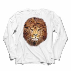 Uzun Kollu Beyaz Tişört Lion Aslan Kafa Head Sarı Kırmızı Renkli Baskılı T-Shirt - Thumbnail