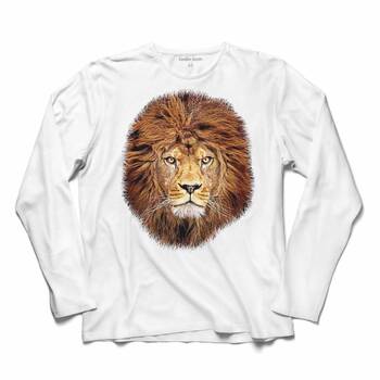 Uzun Kollu Beyaz Tişört Lion Aslan Kafa Head Sarı Kırmızı Renkli Baskılı T-Shirt