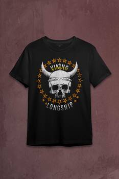 Viking Skull With Circle Of Stars Longship Kuru Kafa Baskılı Tişört Unisex T-shirt