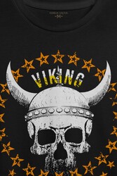 Viking Skull With Circle Of Stars Longship Kuru Kafa Baskılı Tişört Unisex T-shirt - Thumbnail