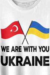 We Are With You Ukraine Ukrayna Türkiye Dostluk Beyaz Baskılı Tişört Unisex T-shirt - Thumbnail