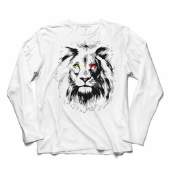 White Long Sleeve T-shirt Aslan Kafa Sarı Kırmızı Göz Gri Lion Head Uzun Kollu Tişört - Thumbnail