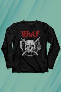 Wulf Metal Rock Band Skull Kuru Kafa Urban Gothic Uzun Kollu Tişört Baskılı T-Shirt