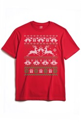 Yılbaşı Geyik 2025 Hediye Christmas Happy New Year Yeni Yıl Ugly Tee Baskılı T-shirt Kırmızı Tişört - Thumbnail