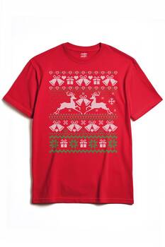 Yılbaşı Geyik 2025 Hediye Christmas Happy New Year Yeni Yıl Ugly Tee Baskılı T-shirt Kırmızı Tişört