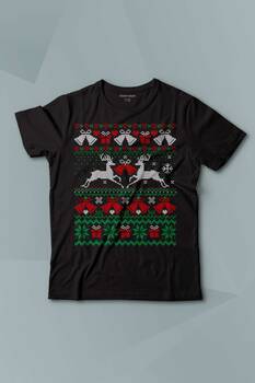 Yılbaşı Hediye Geyik 2024 Christmas Happy New Year Baskılı Siyah T-shirt Çocuk Tişört