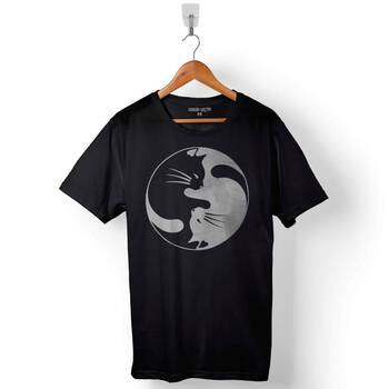 Ying Yang Black Hipster Cat Kara Kedi Baskılı Tişört Unisex T-Shirt