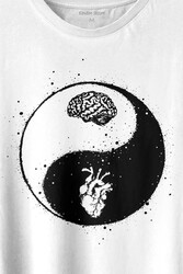 Ying Yang Kalp Beyin Yingyang Aşk Mantık Baskılı Tişört Unisex T-shirt - Thumbnail